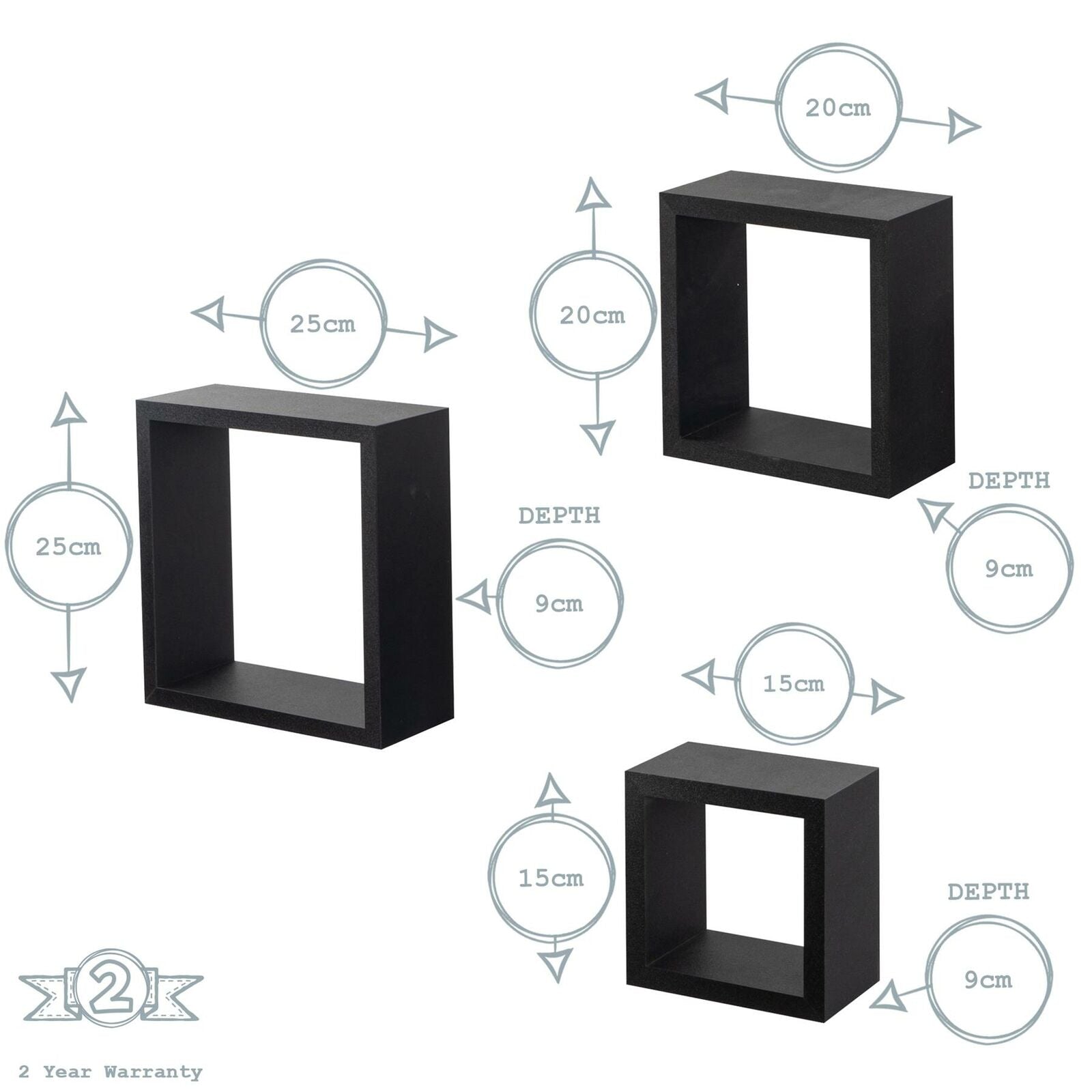 Square Display Shelves Floating Wooden Wall Storage - 3 Sizes - Grey - Set of 3