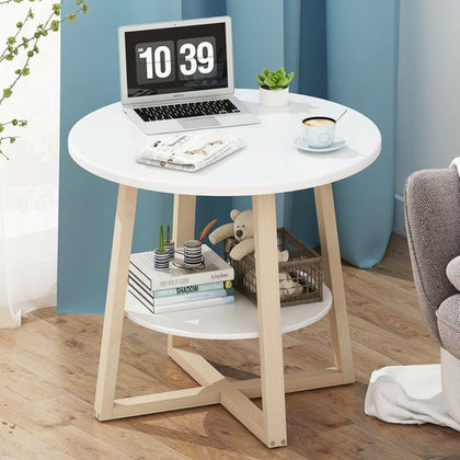 2 Tier Round Coffee Table Side Table End Desk Solid Wood Legs Home Living Room