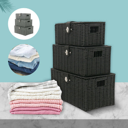 Set of 3 Resin Woven Wicker Hamper Basket Storage Box With Lid&Lock Gift Xmas