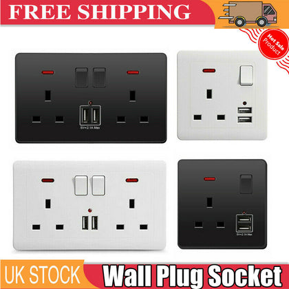 Double Wall Plug Socket 2 Gang 13A w/ USB Charger Port Outlets Black/White Plate