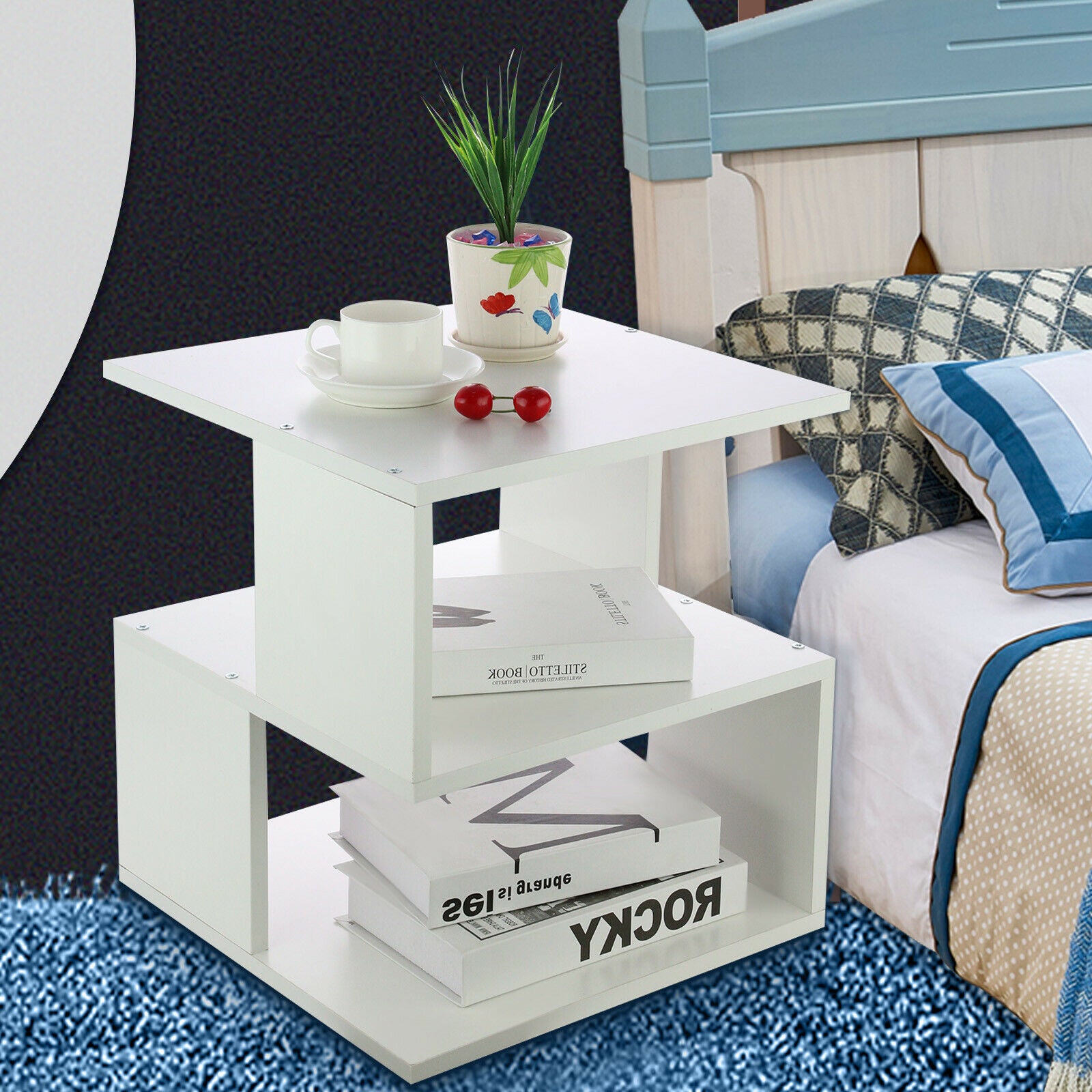Modern Coffee Tea Table Square Side Desk Bedroom Nightstand with Storage Shelf