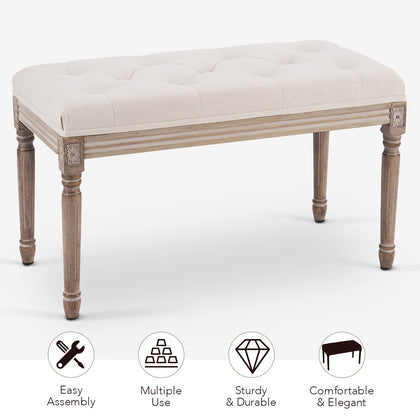 80cm Vintage French Hallway Dining Bench Chair Seat Rubberwood & Tufted Cushion