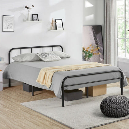 Double 4ft6 Bed Iron Frame Black Metal Platform Bed with High Headboard