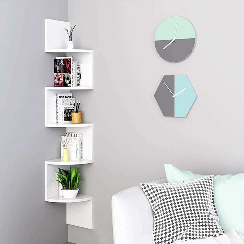 5 Tier Floating Wall Shelves Corner Shelf Storage Display Holder Bookcase Set