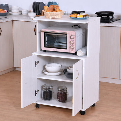 HOMCOM Rolling Kitchen Trolley Microwave Cart 2-Door Cabinet Shelves White