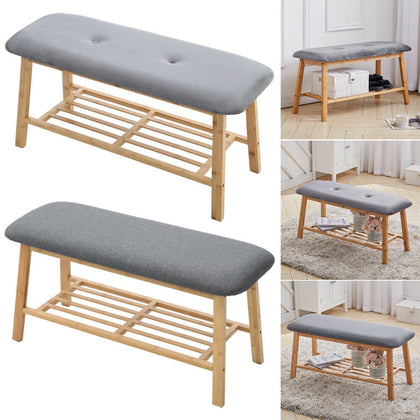 2 Tier Wooden Shoe Rack Storage Bench Bed End Stool Velvet Fabric Padded Seat