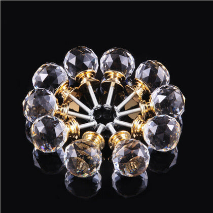 4XCrystal Diamond Glass Door Knobs Cupboard Drawer Furniture Handle Cabinet Gold