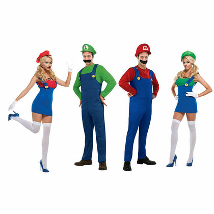 Ladies Mens Boys Fancy Dress Mario Luigi Plumber Bros Costume Outfit Halloween