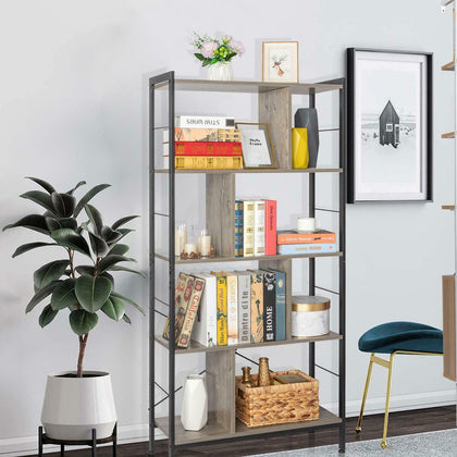 5-Tier Bookshelf Industrial Bookcase Display Metal Frame Storage Ladder Shelf