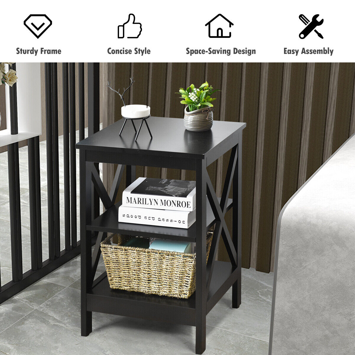 3-tiers Bedside Table X-design Nightstand End Table Wooden Bedroom Storage Table