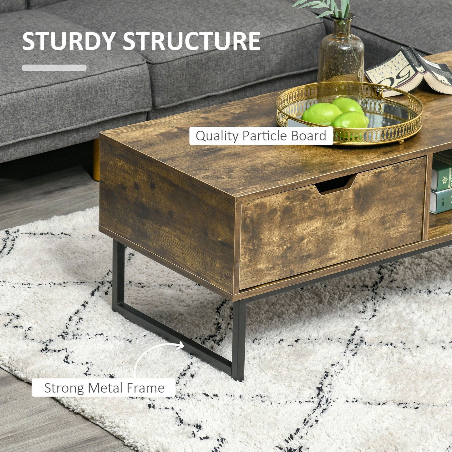 Industrial Coffee Table with Shortage Shelf & Drawer End Table Metal Frame Brown