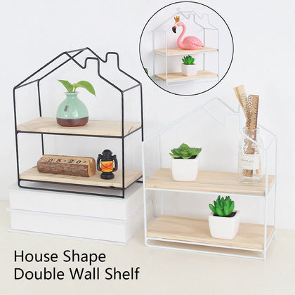 2 Layer Wall Shelf Hanging Storage Rack House Shape Home Floating Wooden