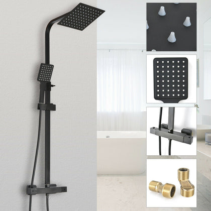 Black Shower Set Bathroom Thermostatic Mixer Square Twin Head Exposed Valve UK