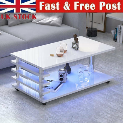 Modern 2 Tiers LED Coffee Tea Table Living Room Furniture White High Gloss