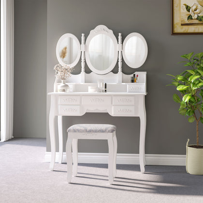 HOMCOM Large Dressing Table Chic Stool Mirror Set Drawers Vanity
