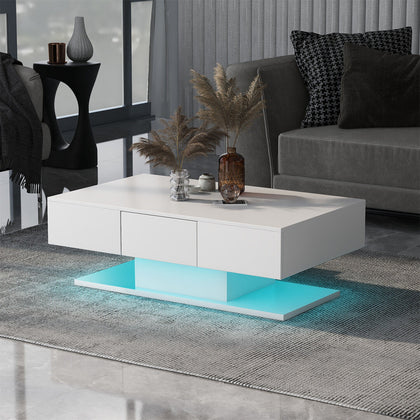 Coffee Table LED High Gloss White Rectangle Cocktail Table Modern Living Room