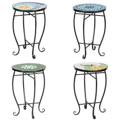 Iron/Glass Round Side Coffee Table Mosaic Design Garden Patio Flower Plant Stand
