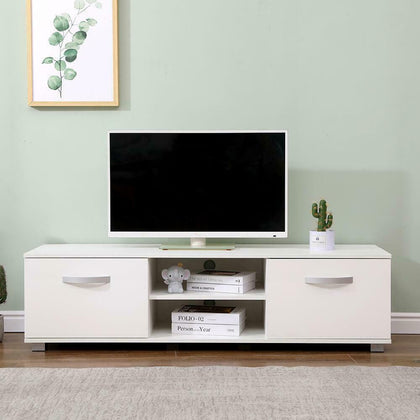 White 140cm Wide TV Stand Gloss Fronts Television Cabinet 2 Storage Cupboards