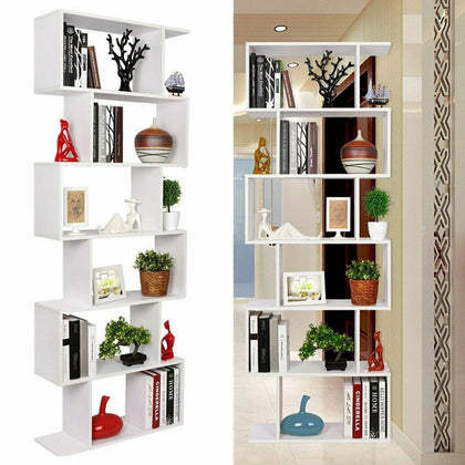 Wood Bookcase Bookshelf S Shape 6 Tier Shelves Free Shelving Storage White Unit