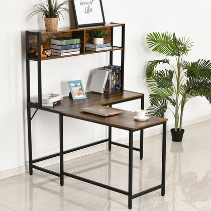Industrial L-Shaped Work Desk & Storage Shelf Steel Frame Adjustable Feet Brown