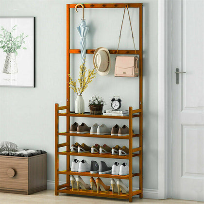 Vintage Wooden Hall Tree Hat and Coat Stand Hallway Shoe Rack Bench with Shelves