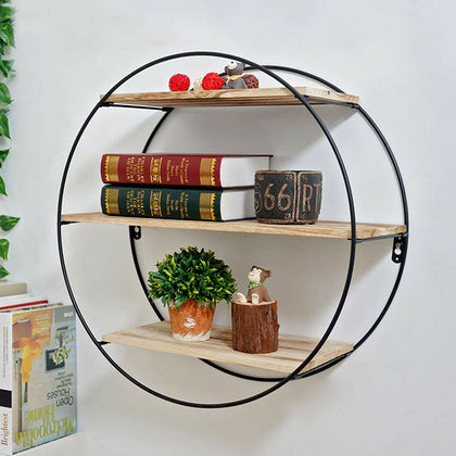 Floating Metal Shelf Hanging Rack Wall Unit Retro Round Metal Storage Wood Shelf