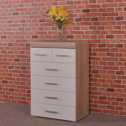 Chest of 4+2 Drawers - White & Sonoma Oak Effect Bedroom Furniture Modern 6 Draw