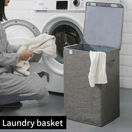 LARGE LAUNDRY BASKETS WASHING CLOTHES STORAGE FOLDING BASKET BIN WITH LID GREY P