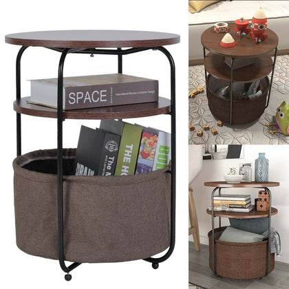 Retro Round Coffee Table Sofa Side End Desk with Cloth Storage Basket Nightstand