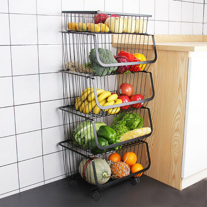 5 Tier Kitchen Fruit Vegetable Storage Rack Rolling Metal Organizer Basket Shelf