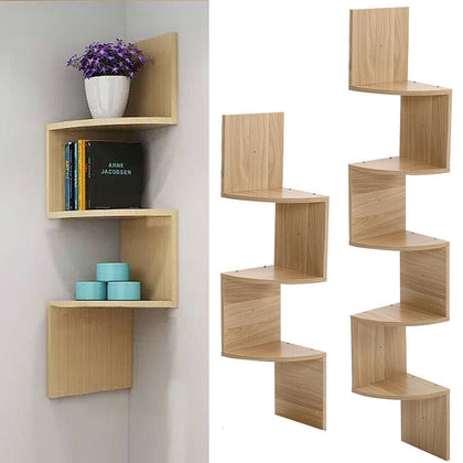 3/5 Tier Wood Floating Shelf Corner Wall Mounted Storage Display Shelf Bookcase