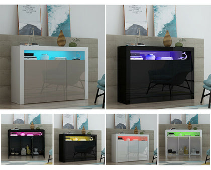 Modern High Gloss 3 Doors TV Unit Cabinet Sideboard Storage Cupboard LED​ Lights
