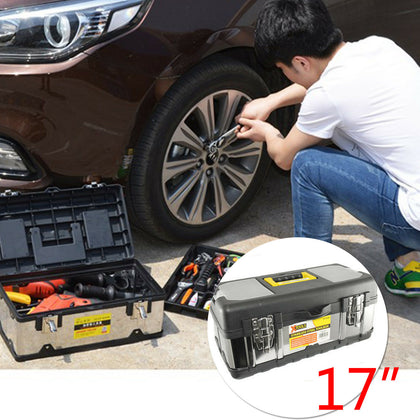 Heavy Duty 17” Stainless Steel Tool Box Chest Storage Case & Removable Tray UK