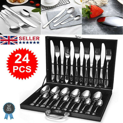 24PCS Stainless Steel Cutlery Sets Tableware Dining Kitchen Fork Spoons Boxed