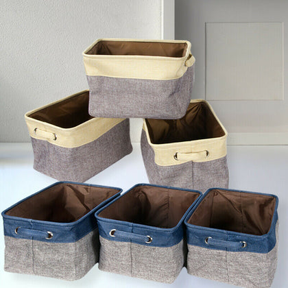 Set of 3 Folding Linen Fabric Storage Basket Collapsible Organizer Storage Box
