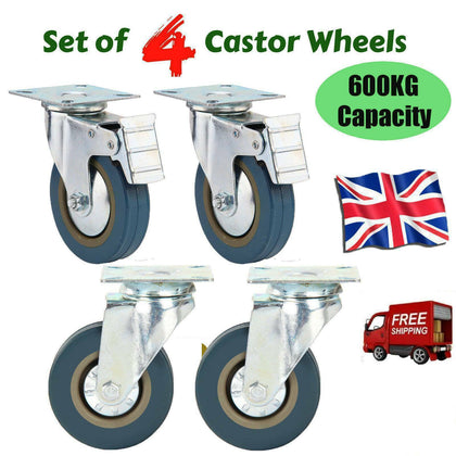 Set of 4 Heavy Duty 100mm Trollry Rubber Swivel Castor Wheel Caster Brake 600KG