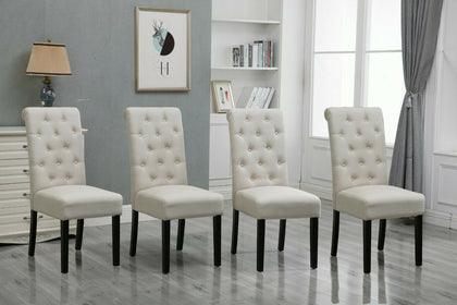 4x Beige Button Tufted High Back Dining Chairs Fabric Upholstered Kitchen Room