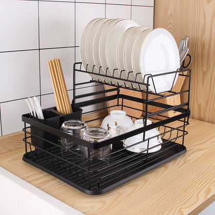 2 Tier Round Kitchen Dish Drainer Cutlery Holder Plates Bowls Utensil Rack Tray