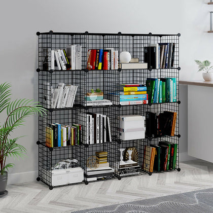 16 Metal Wire DIY Storage Cubes Bookcase Shelving Unit Wardrobe Display Black UK