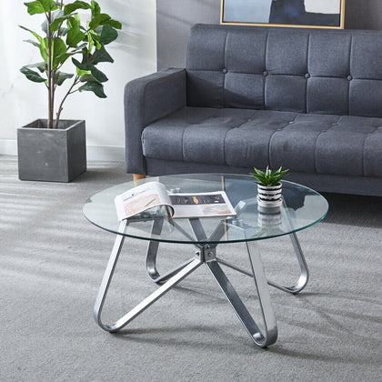 Tempered Glass Top Coffee Table 80cm Round Living Room Accent Table w/ Steel Leg