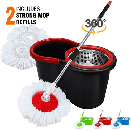 360 Spin Floor Mop & Bucket Set With 2 Mop Heads Floor Cleaner Cleaning Rotating