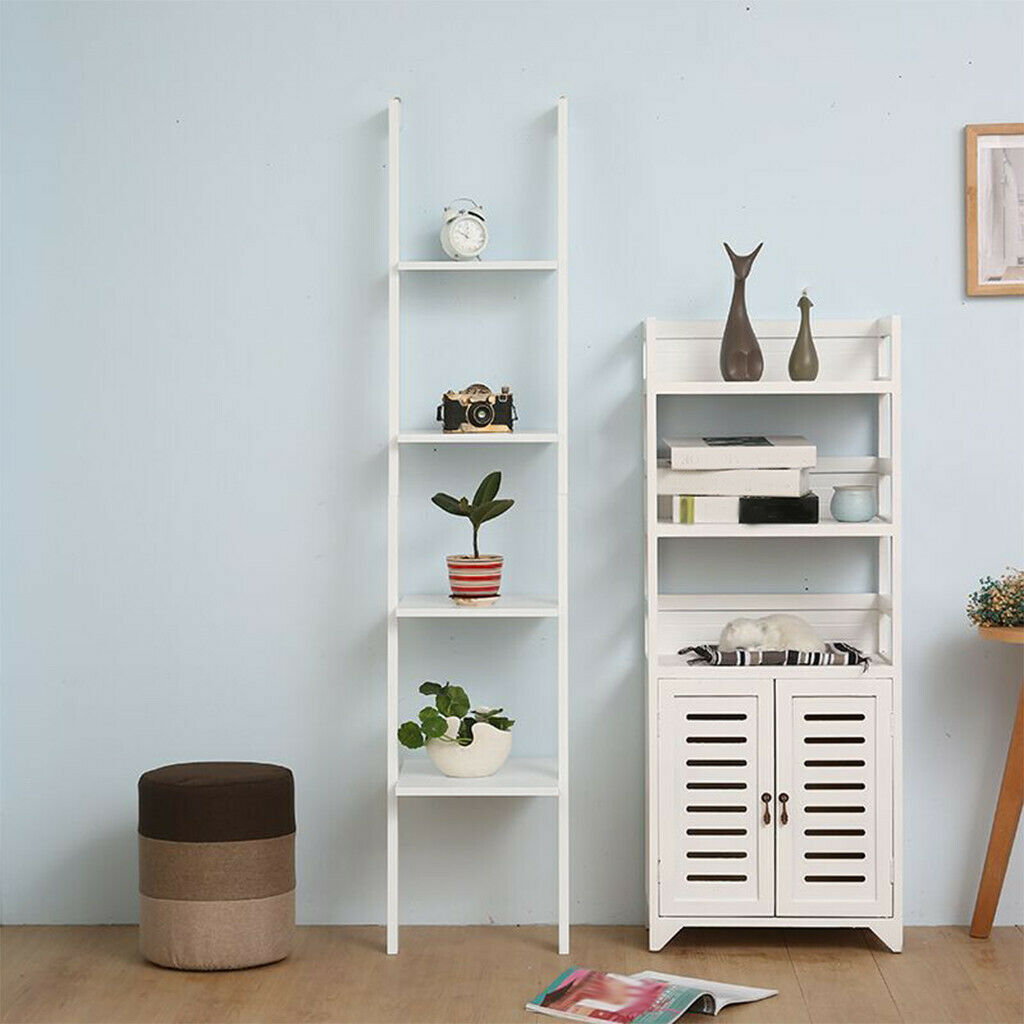 4-Tier Wood Ladder Shelf, Standing Wall Rack, Bookcase Display Shelf White Black