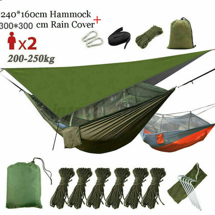 Double Person Camping Hammock With Mosquito Net + Rain Fly Cover Tent Tarp Mat