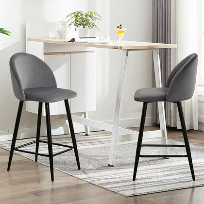 Set of 2 Barstools Grey Velvet Fabric Padded Seat Metal Legs Bar Counter Stools