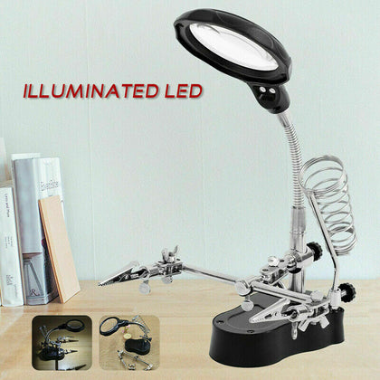 LED Desk Lamp Magnifying Magnifier Glass With Light Stand Clamp For Repair Read