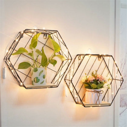2x Hexagon Metal Wire Wall Shelf Home Decor Storage Floating Shelf w/ Wood Board