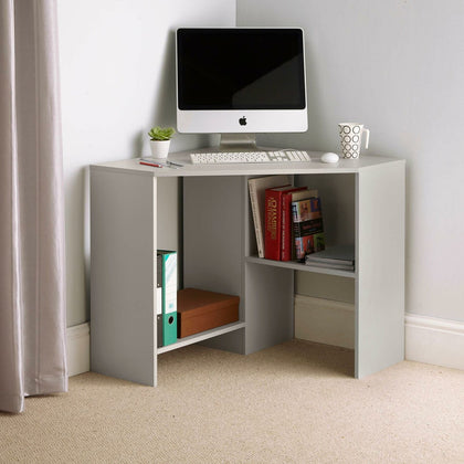 Function Grey Wooden Corner Computer Home Office PC Desk Table With 2 Shelves