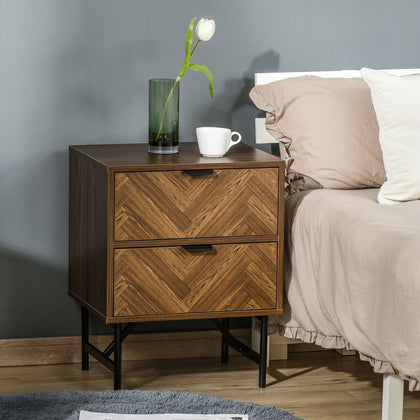 Two-Drawer Herringbone Bedside Table Home Side Cabinet Bedroom Storage Brown