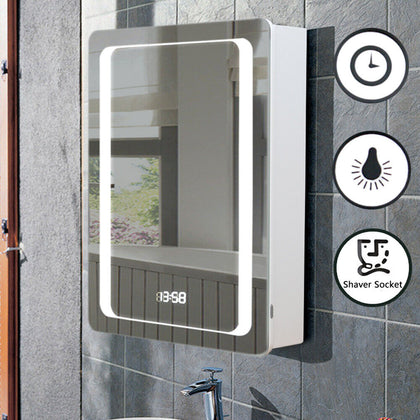 Bathroom Mirror Cabinet Shaver Socket Sensor Demister Pad Clock With LED Lights