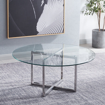 Modern Round Coffee Table Clear Glass Top with Cross Legs Living Room Office